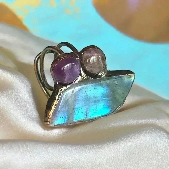 🆕️Boho Chic Labradorite & Amethyst Adjustable Copper Ring Rustic Vintage Style - Picture 14 of 17